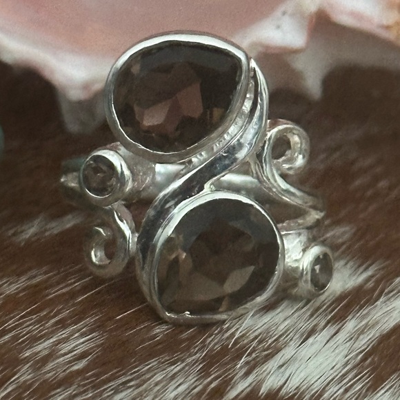 Genuine smoky quartz double stone 925 sterling silver ring - Picture 1 of 9